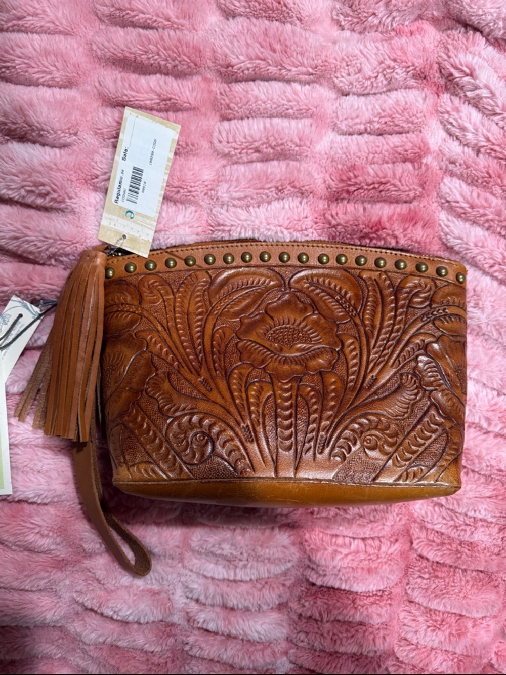 Tooled Leather Wristlet Clutch in Cognac Brown with Tassel